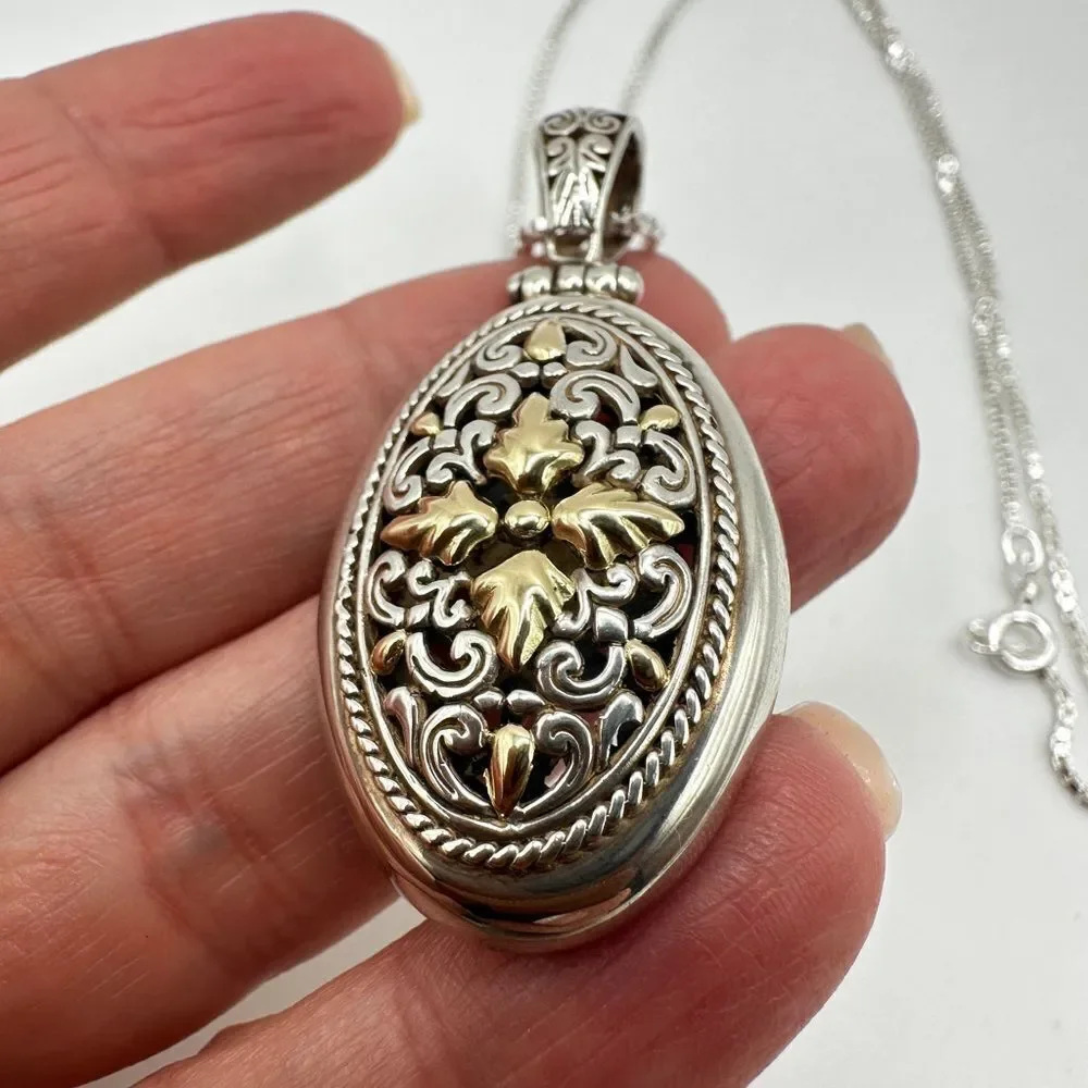 Stunning Oval-Filigree Silver and 14k Pendant with 20